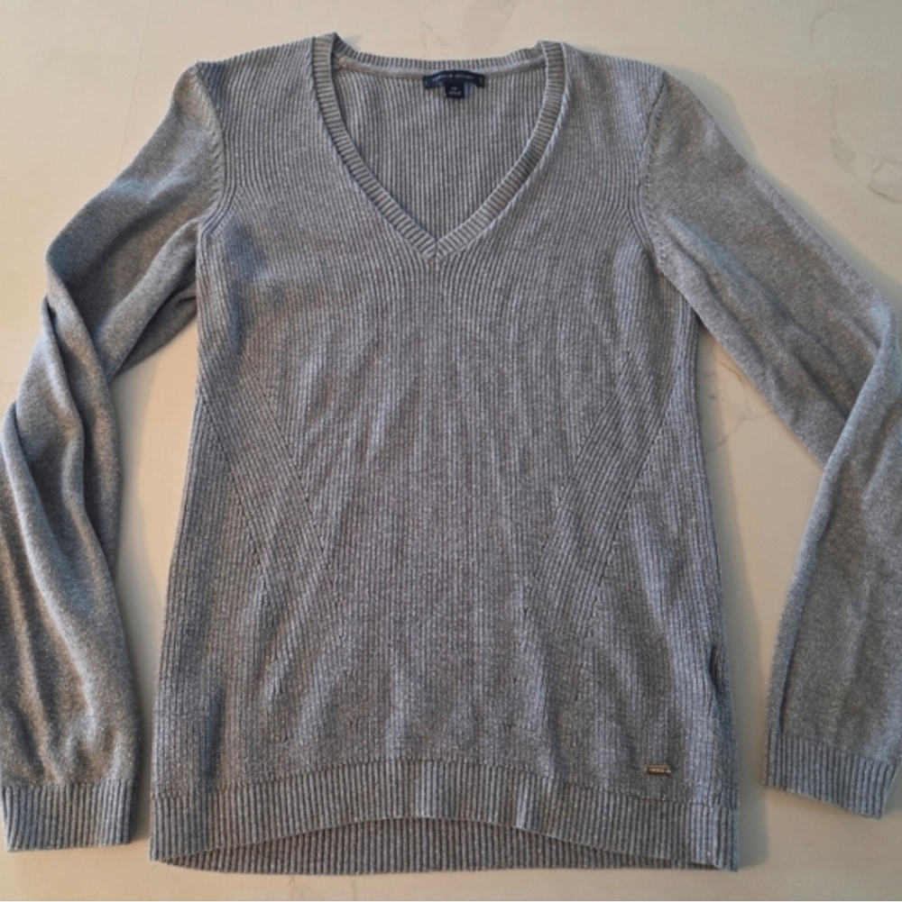 Tommy Hilfiger Metallic Cotton Wool Blend Preppy Ribbed Knit Shimmer V Neck
